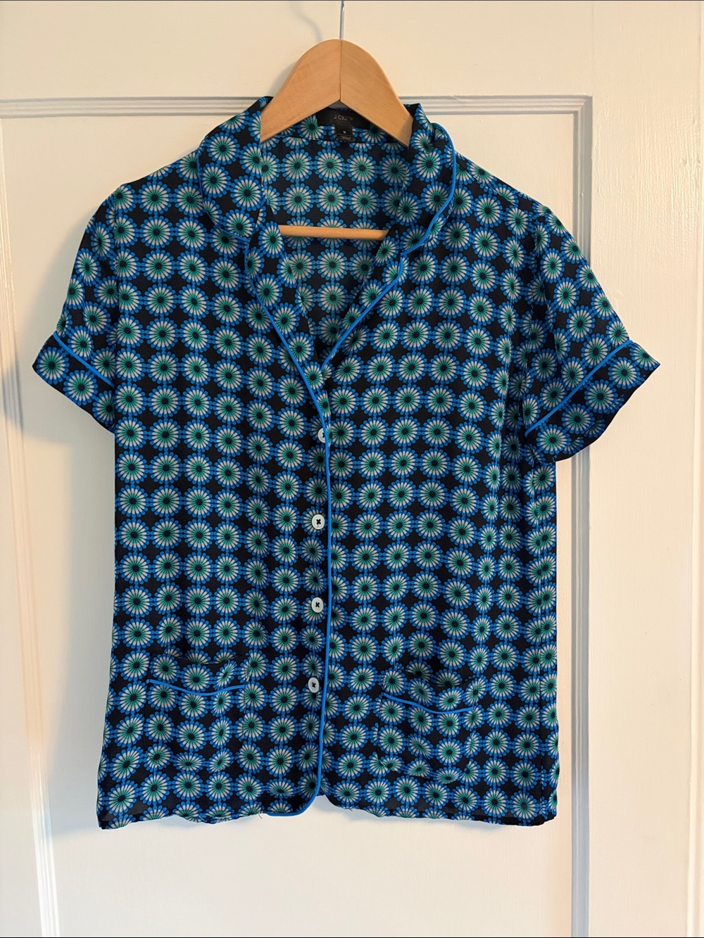 J. Crew Blue Floral Geometric Short-Sleeve Button Shirt